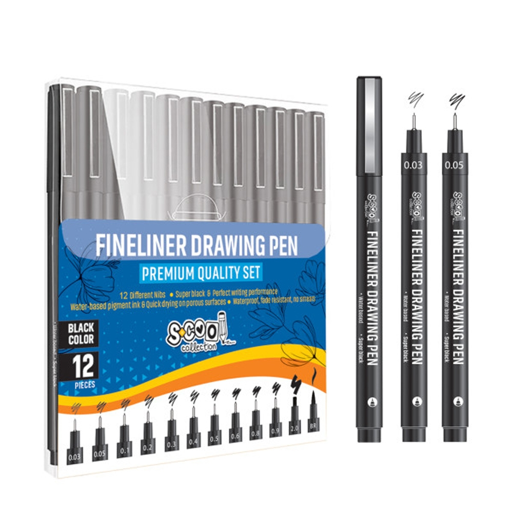 Fineliner, diferite dimensiuni 0.03-2 mm + varf tip pensula, 12 buc/set - S-COOL [3]
