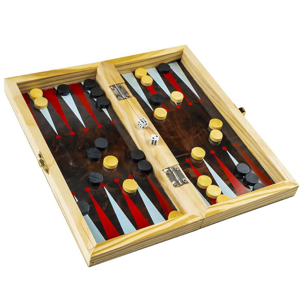 Joc 3 in 1: sah, table, dame! Cutie lemn, 39.5x19.5cm [6]