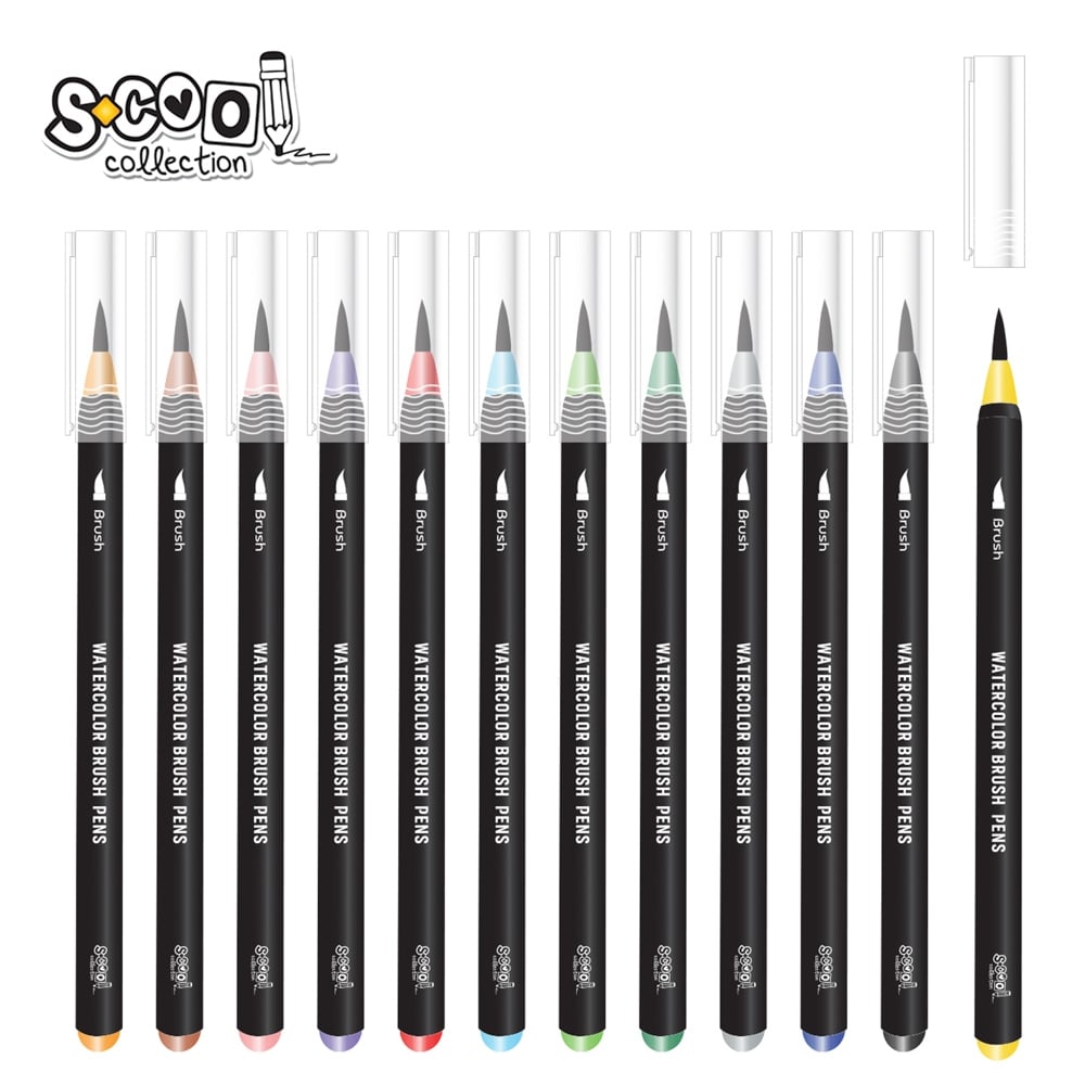 Set markere cu varf tip pensula pe baza de apa + pensula cu rezervor, 12+1 - S-COOL [2]