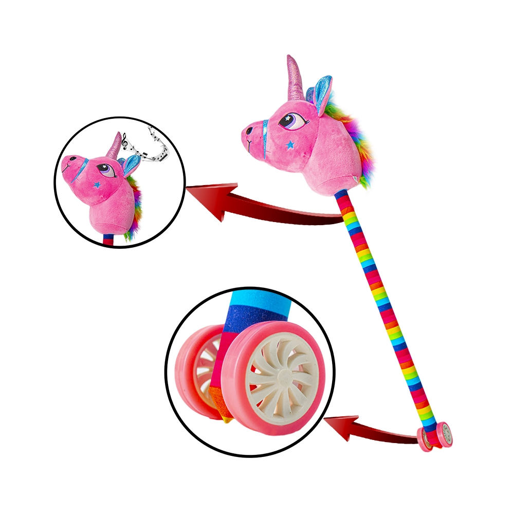 Unicorn de calarit, cu tija + rotile, cu sunet, mov/albastru/roz/galben, 80 cm [6]