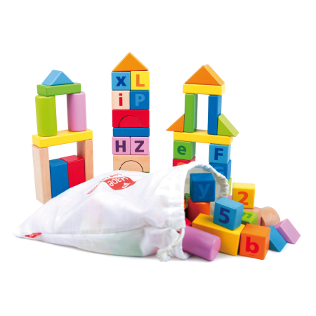 Lemn educativ - Cuburi din lemn de construit cu litere si cifre (80 piese in cutie)