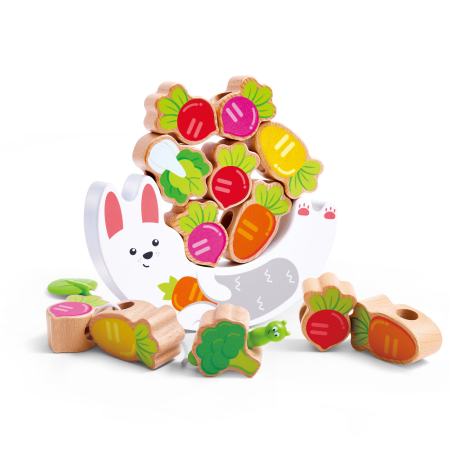 Diverse educative - Joc din lemn 2 in 1 - Stivuiti legumele pe Iepuras si insirati legumele pe sfoara Omidei