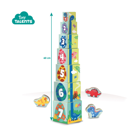 Motricitate & Îndemânare (lemn) - Jucarie de stivuit pentru copii - Turn cu figurine de dinozauri