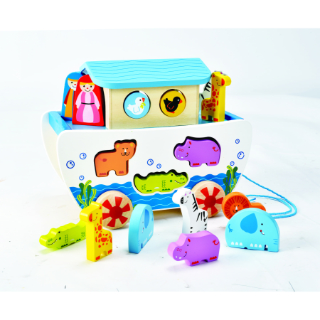 Senzorial & bebeluși - Jucarie din lemn - Arca lui Noe de tras si sortator de forme