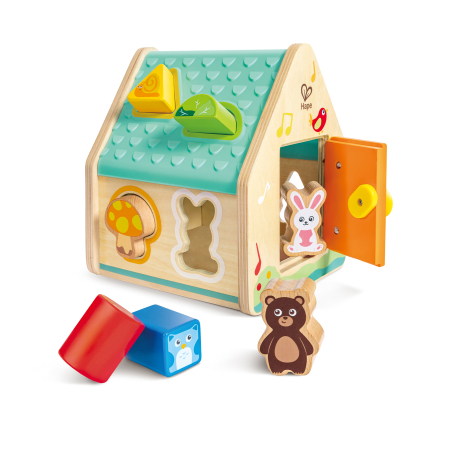 Montessori & STEM - Jucarie din lemn copii - Sortator de forme pentru casa cu personaje