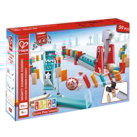 Domino & Marble Run - Jucarie din lemn - Domino cu ciocan puternic (59 piese)