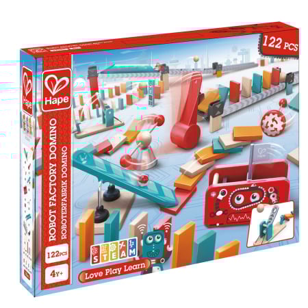 Domino & Marble Run - Jucarie din lemn - Domino fabrica de roboti (122 piese)
