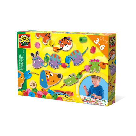 Motricitate & Îndemânare (lemn) - Jucarie din lemn - Set de insirat animale si margele