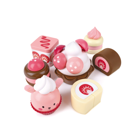 Bucătărie & Mâncare - Jucarie din lemn - Set desert pentru copii cu capsuni (7 piese)