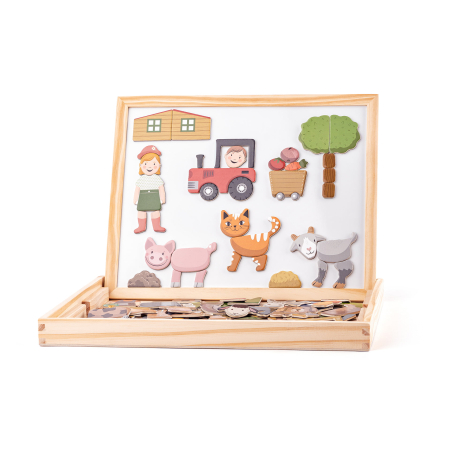 Tablă magnetică & Activități - Jucarie din lemn - Tabla magnetica cu 2 fete si magneti ferma