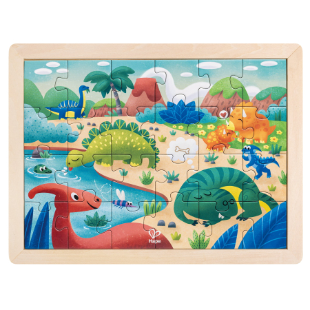 Puzzle-uri copii - Puzzle din lemn 2 in 1 - Dinozauri (26 piese), cu fata dubla si activitate colorare