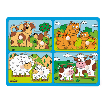 Puzzle-uri din lemn - Puzzle din lemn cu butoni - Animale de companie si puii lor