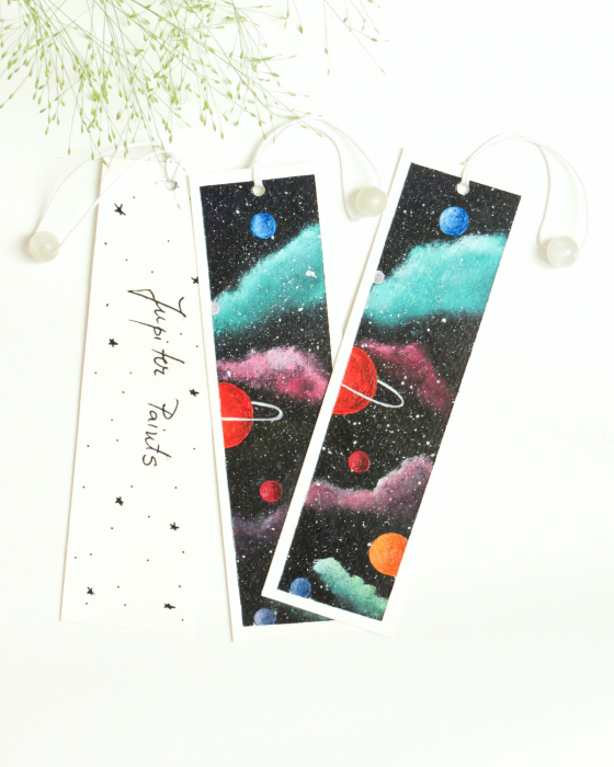Semn de carte pictat manual cu design Cosmos, hârtie din bumbac, piatra Jad [2]