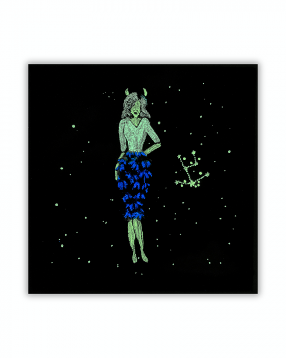 Tablou pictat manual cu design Zodiac Taur, culori acrilice, flori de lavandă [2]