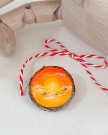 Broșe - Broșă pictată pe felie de lemn - Păsări călătoare