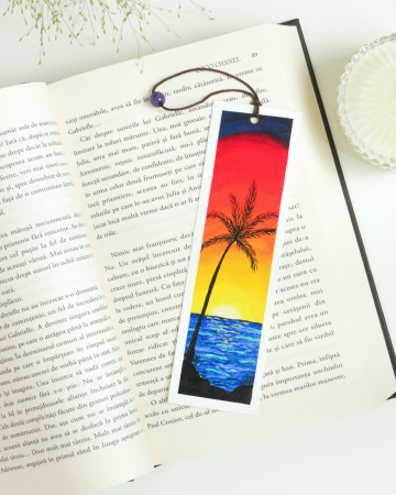 Produse - Semn de carte pictat manual cu design Malibu Sunset, hârtie din bumbac, piatra Agat