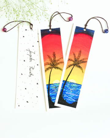 Semn de carte pictat manual cu design Malibu Sunset, hârtie din bumbac, piatra Agat [1]
