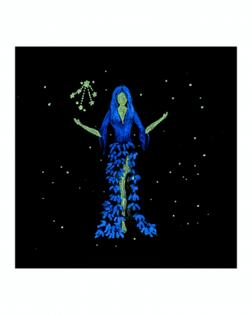 Tablou pictat manual cu design Zodiac Balanță, culori acrilice, flori de lavandă [1]