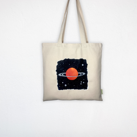 Pictate - Tote bag pictat manual cu design Saturn, bumbac 100% organic, vopsea acrilică