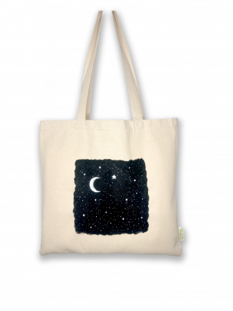Pictate - Tote bag pictat manual cu design Semiluna, bumbac 100% organic, vopsea acrilică