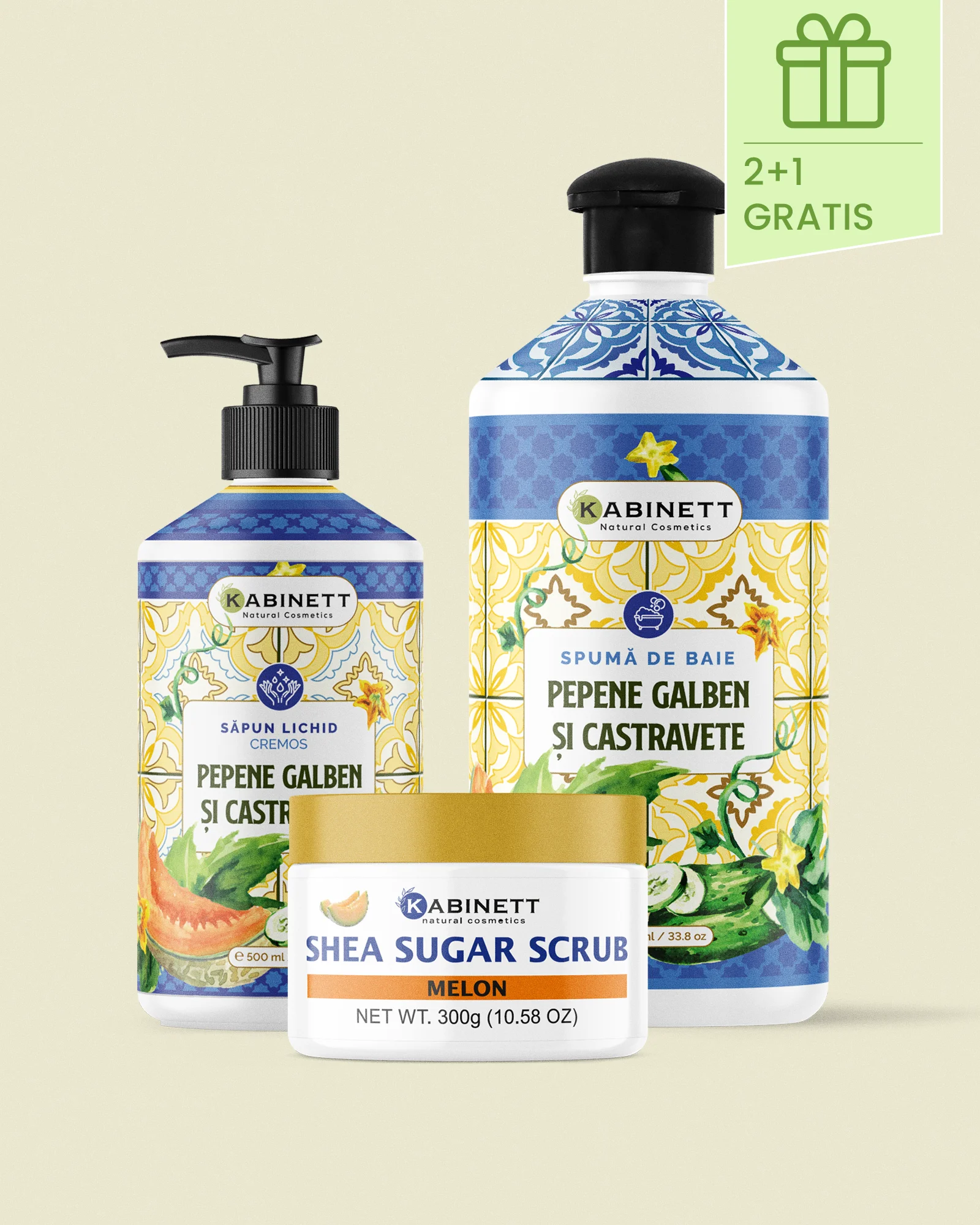 Seturi - Set spuma de baie, sapun lichid si scrub  Melon 2+1 Gratis