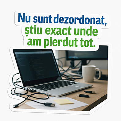 Autocolantul „Nu sunt dezordonat, știu exact unde am pierdut tot.” pentru IT-sti [1]