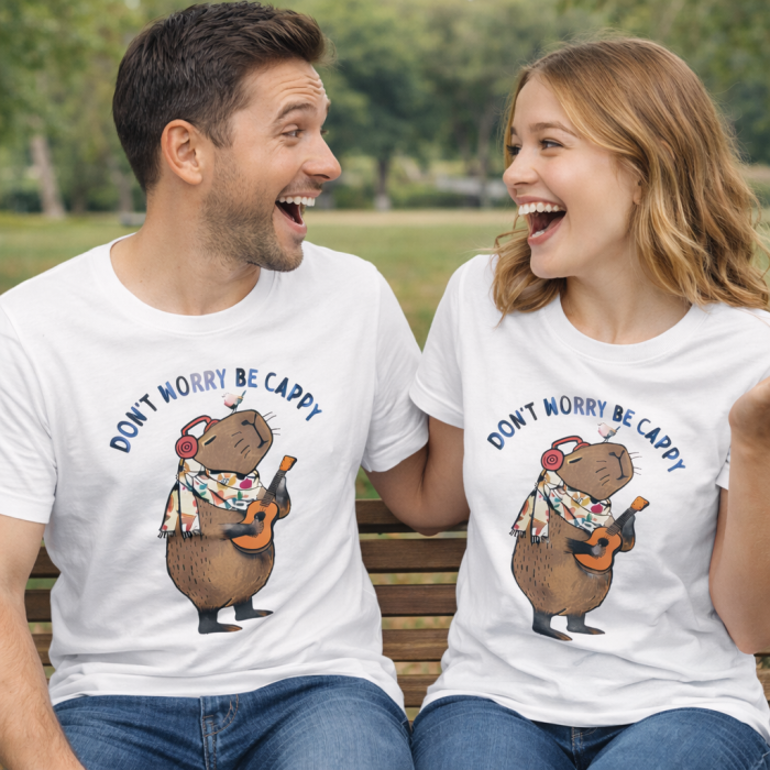 Tricou alb pentru copii si adulti cu imprimeu capybara „Dont worry be cappy”, tricou unisex , model vesel, ideal pentru familie, poze, scoala si cadou [2]