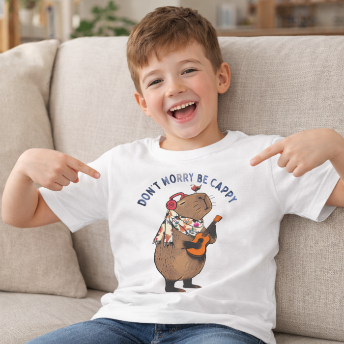 Tricou alb pentru copii si adulti cu imprimeu capybara „Dont worry be cappy”, tricou unisex , model vesel, ideal pentru familie, poze, scoala si cadou [5]