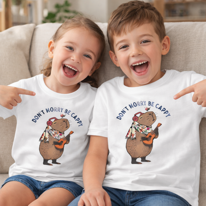 Tricou alb pentru copii si adulti cu imprimeu capybara „Dont worry be cappy”, tricou unisex , model vesel, ideal pentru familie, poze, scoala si cadou [6]