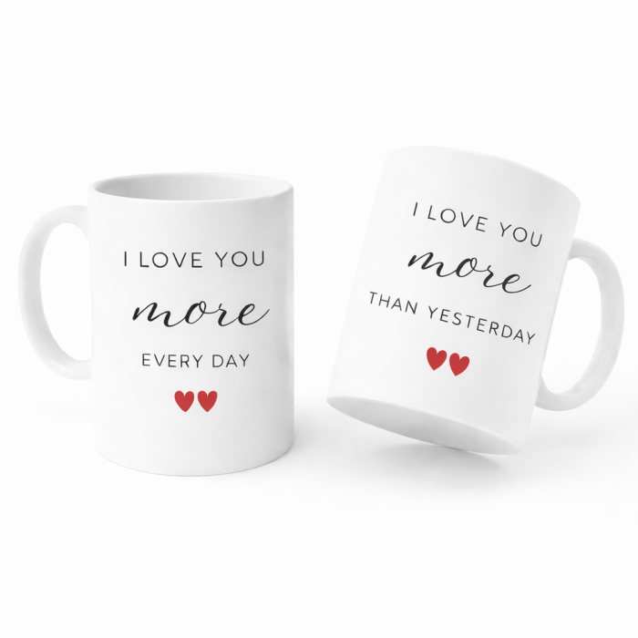 Set 2 cani cadou pentru cuplu indragostit, ceramica alba, mesaje romantice I Love You More Every Day / Than Yesterday, ideale pentru mic dejun in doi [2]