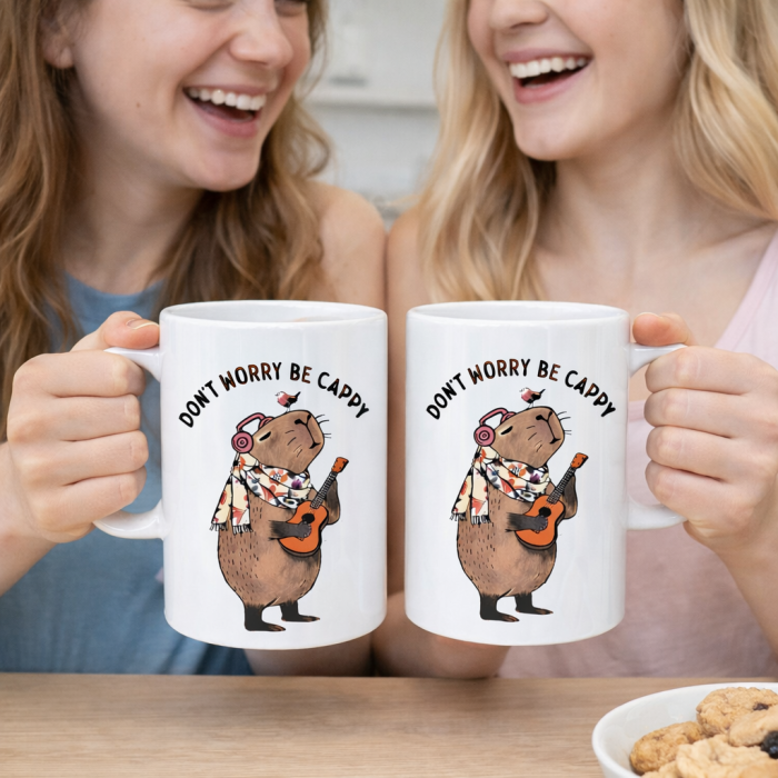 Cana ceramica alba cu imprimeu capybara „Dont worry be cappy”, cana pentru birou si acasa, cadou pentru copii si adulti, mesaj pozitiv [3]