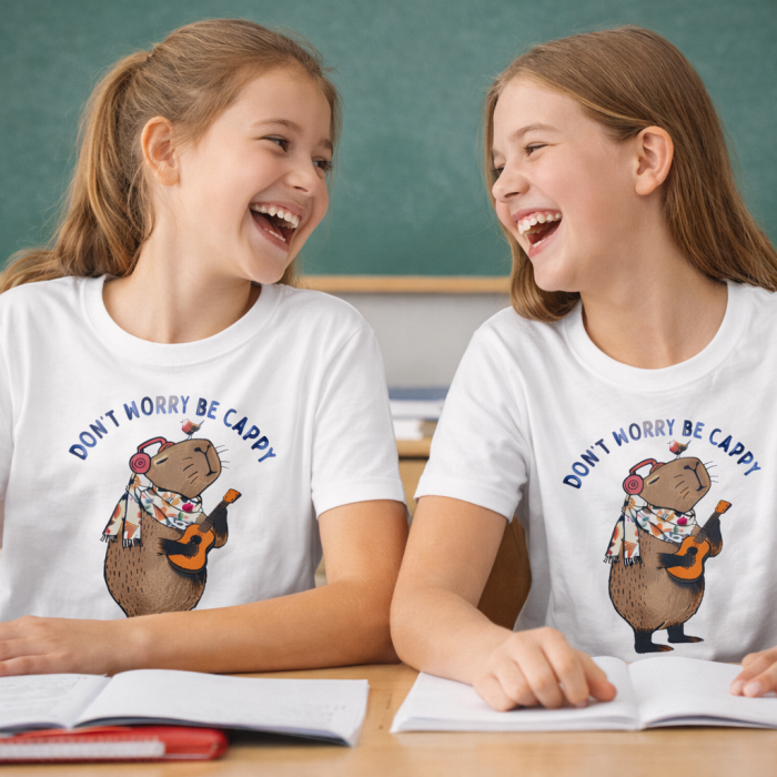 Tricou alb pentru copii si adulti cu imprimeu capybara „Dont worry be cappy”, tricou unisex , model vesel, ideal pentru familie, poze, scoala si cadou [4]