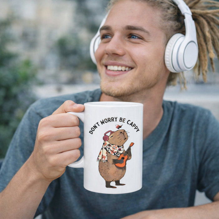 Cana ceramica alba cu imprimeu capybara „Dont worry be cappy”, cana pentru birou si acasa, cadou pentru copii si adulti, mesaj pozitiv [2]
