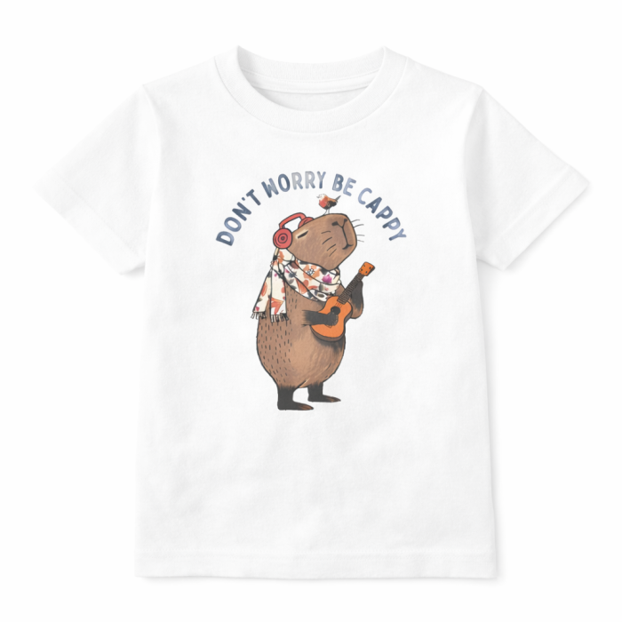 Tricou alb pentru copii si adulti cu imprimeu capybara „Dont worry be cappy”, tricou unisex , model vesel, ideal pentru familie, poze, scoala si cadou [7]