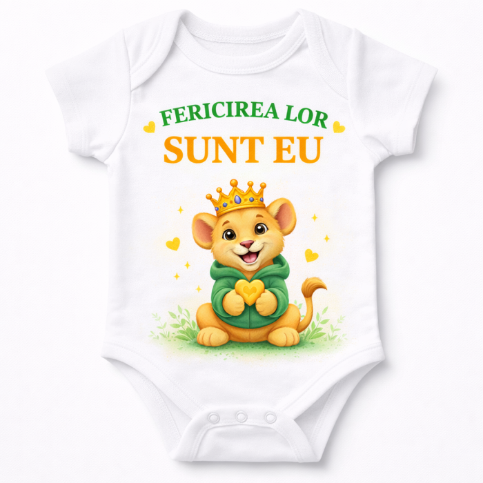 Body bebe alb cu imprimeu leu pui dragut si mesaj FERICIREA LOR SUNT EU, body unisex pentru nou nascut si bebelusi, hainuta cadou premium, design colorat atractiv pentru copii [2]