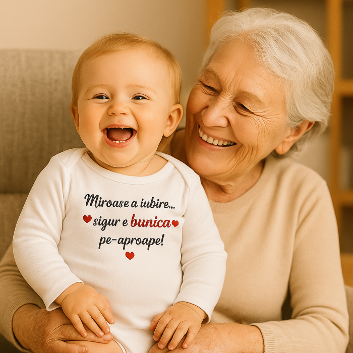 Body bebe cu mesaj „Miroase a iubire... sigur e bunica pe aproape!” – cadou adorabil pentru bunici,marimea [1]
