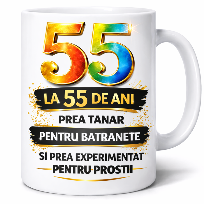 Cana aniversara 55 ani cu mesaj amuzant, design premium cu cifra 55 colorata, cadou aniversare [2]