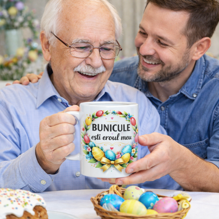 Cana Cadou Paste pentru Bunicul – „Bunicule esti eroul meu” – Cana Personalizata de la Nepoti sau Familie, Motiv Floral cu Oua de Paste [2]