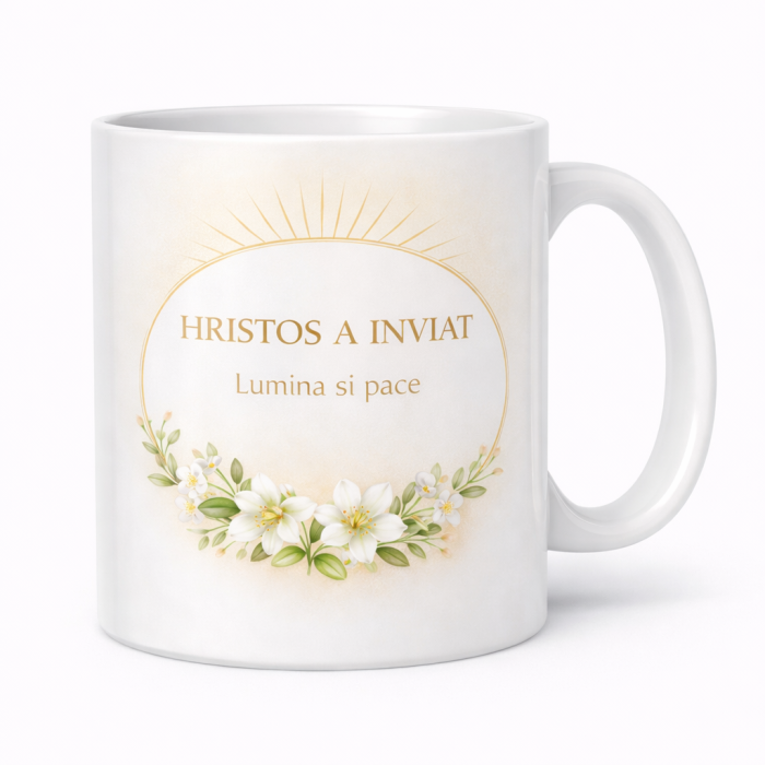 Cana Paste personalizata Hristos a Inviat, cana ceramica alba cu design elegant floral, cadou special Paste pentru familie, prieteni sau colaboratori [2]