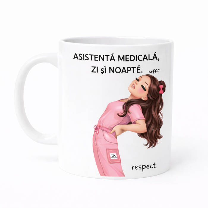Cana personalizata Asistenta Medicala zi si noapte – cana cu mesaj respect, ideala pentru camera de garda, cadou asistente medicale, cafea de tura [2]