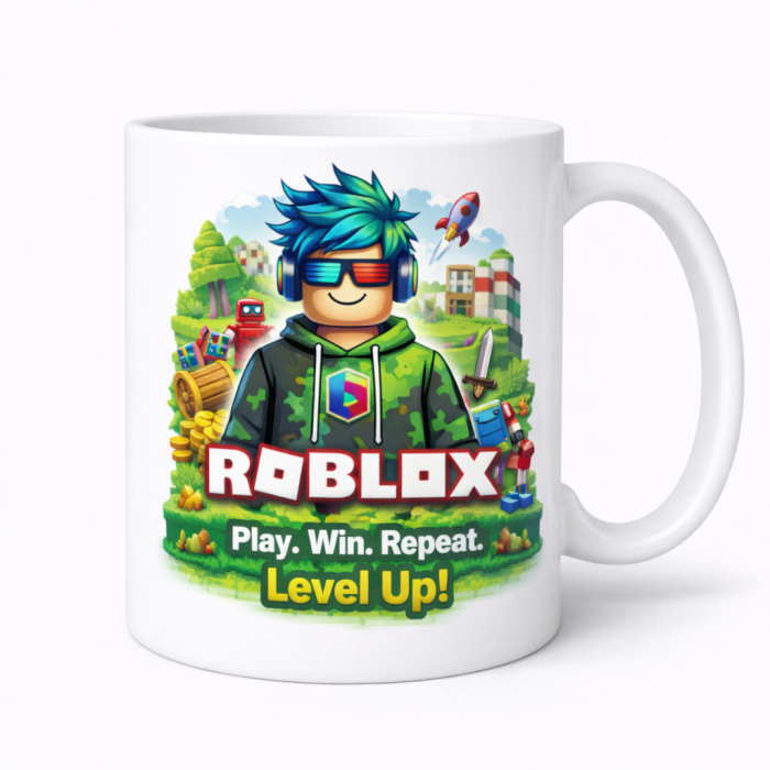 Cana personalizata Roblox pentru copii, model gamer, design color cu personaj si mesaj Play Win Repeat Level Up, cadou ideal [2]