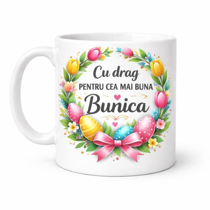 Set 2 Cani Cadou Paste pentru Bunica si Bunicul – Mesaje Emotionale, Motiv Floral cu Oua de Paste – Cadou Familie de la Nepoti [2]