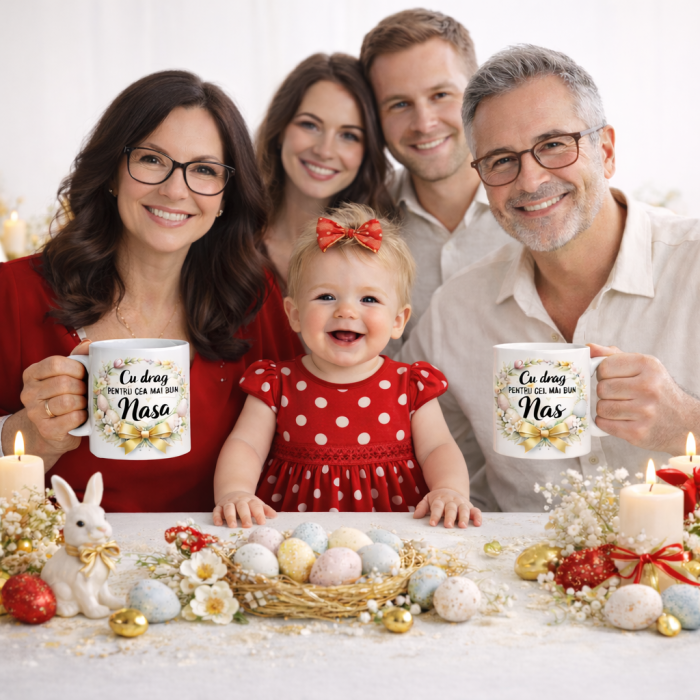 Set 2 Cani Cadou Paste pentru Nasa si Nas – Mesaje Emotionale, Design Floral cu Oua de Paste si Fundita Aurie – Cadou de la Finut [2]