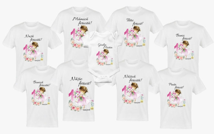 Set 8 tricouri si body pentru aniversare, girl flowers pink [1]