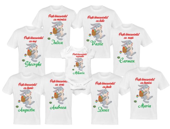 Set 9 tricouri personalizate "Iepuras cu cos oua vopsite, paste binecuvantat '' [1]
