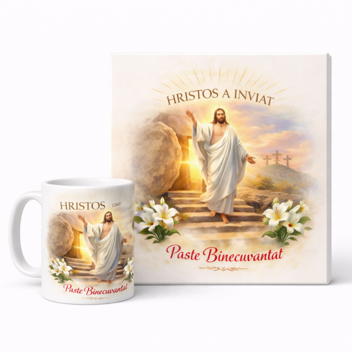 Set cadou Paste – Cana personalizata + tablou canvas 30x30 cm, Hristos a Inviat, design religios elegant, decor si cadou special [2]