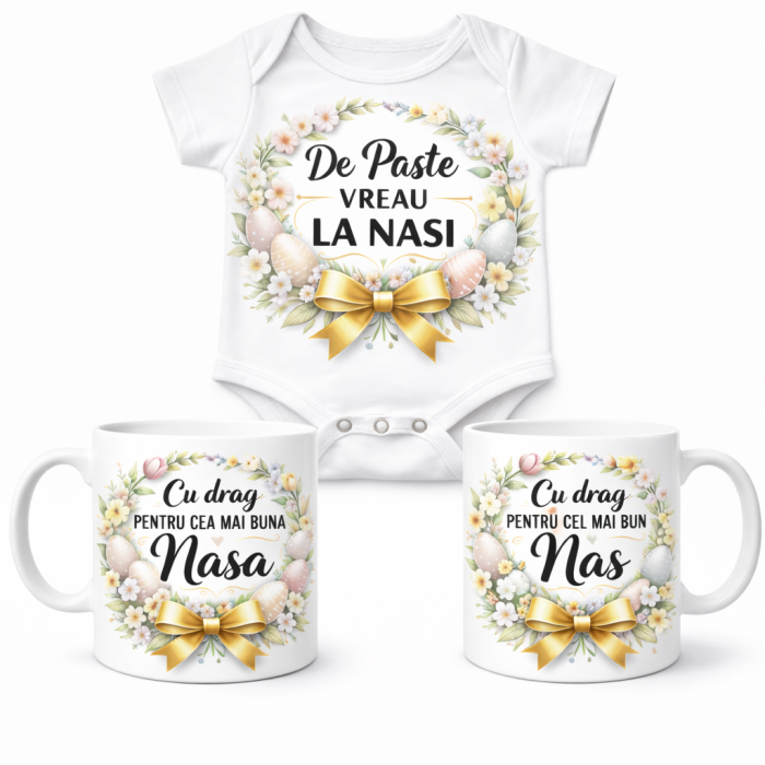 Set Cadou Paste pentru Nasi – Body Bebeluș „De Paste Vreau la Nasi” + Cana Nasa si Cana Nas – Cadou Familie de la Finut [4]
