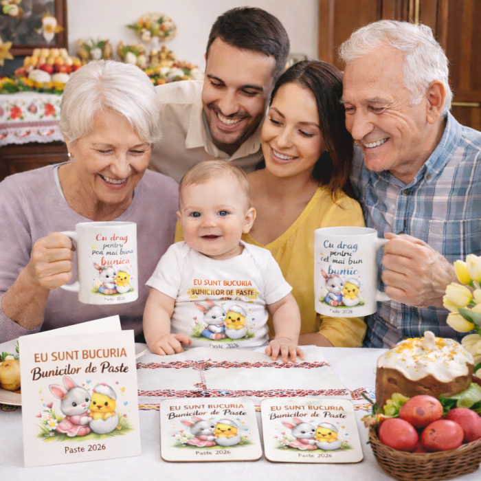 Set Cadou Paste Premium pentru Bunici 2026 – 2 Cani Personalizate, 2 Coastere, Body Bebe si Felicitare – “Eu Sunt Bucuria Bunicilor de Paste” [2]