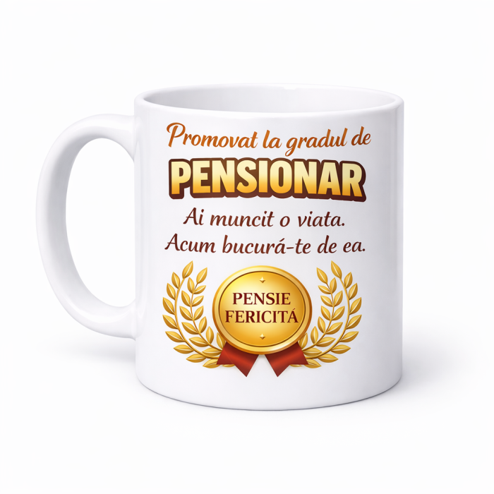 Set Cadou Pensionare Cana si Felicitare Personalizata, Design Premium cu Mesaj Promovat la Gradul de Pensionar, Model Pensie Fericita, Cadou pentru Coleg sau Familie [4]