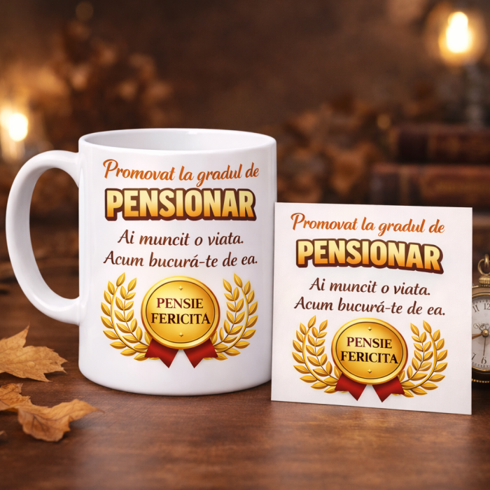 Set Cadou Pensionare Cana si Felicitare Personalizata, Design Premium cu Mesaj Promovat la Gradul de Pensionar, Model Pensie Fericita, Cadou pentru Coleg sau Familie [3]